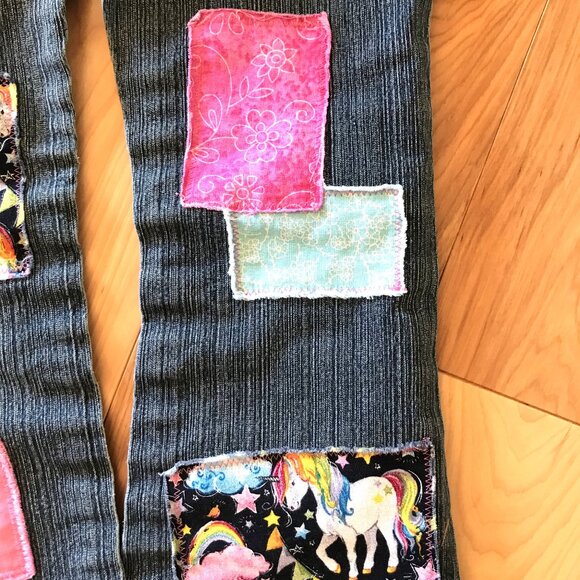 Child’s Upcycled Patch Jeans, Size 6X: Elastic Waist, Handmade Unicorn Patchwork - Picture 14 of 15